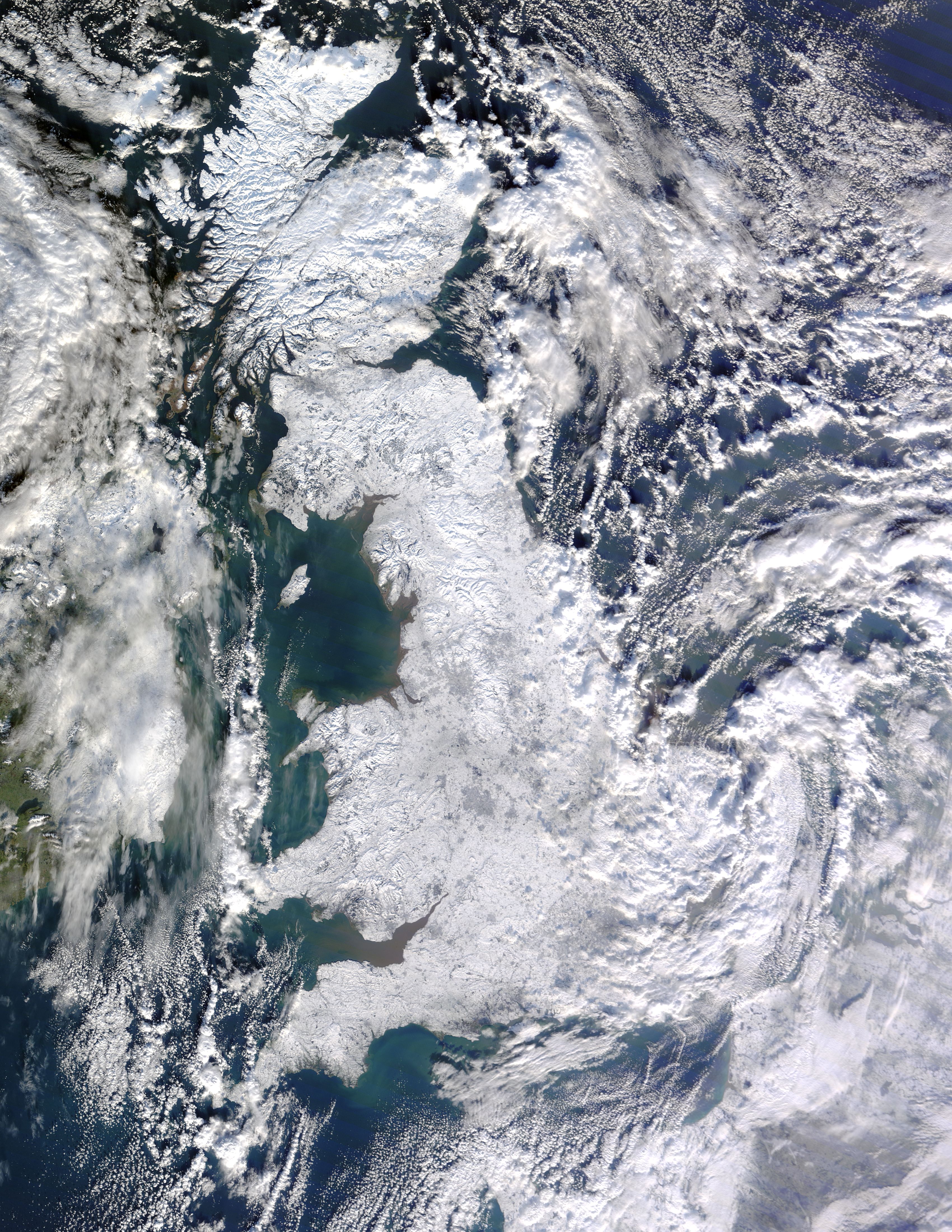 Satellite image of snow-covered Great Britain on 7 January 2010, taken by MODIS on NASA's Terra satellite.